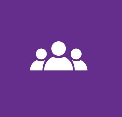 Outline of three people with a purple background, displaying a sense of community or a team